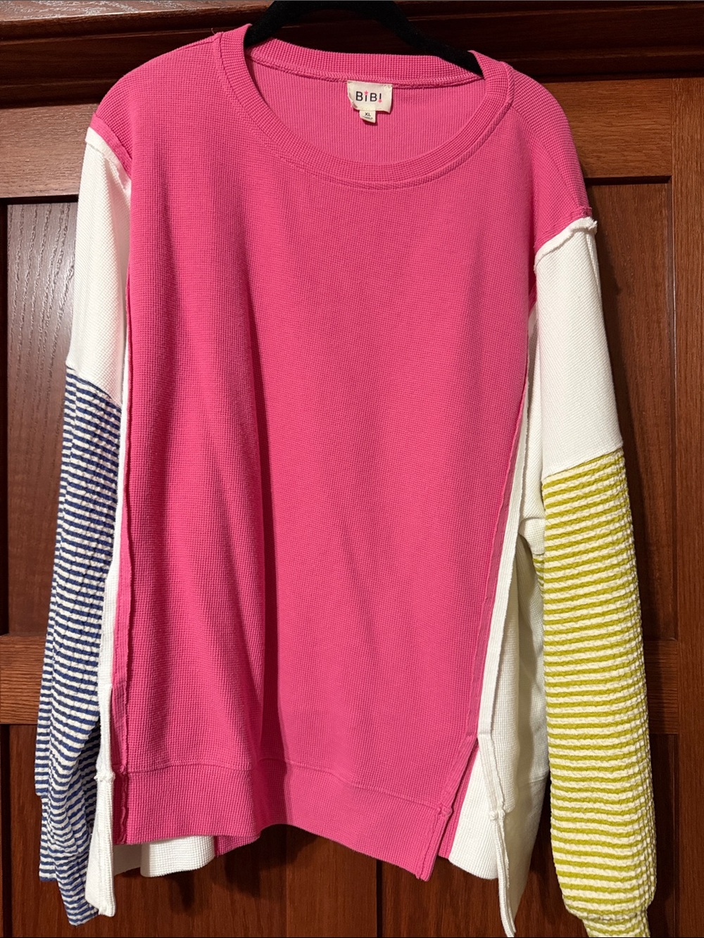 BiBi Pink Crewneck Sweatshirt  with Striped Contrast Sleeves